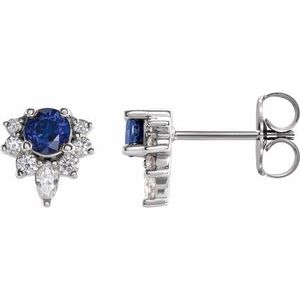 Blue Sapphire & Diamond Round Stud Earrings in Gold and Platinum