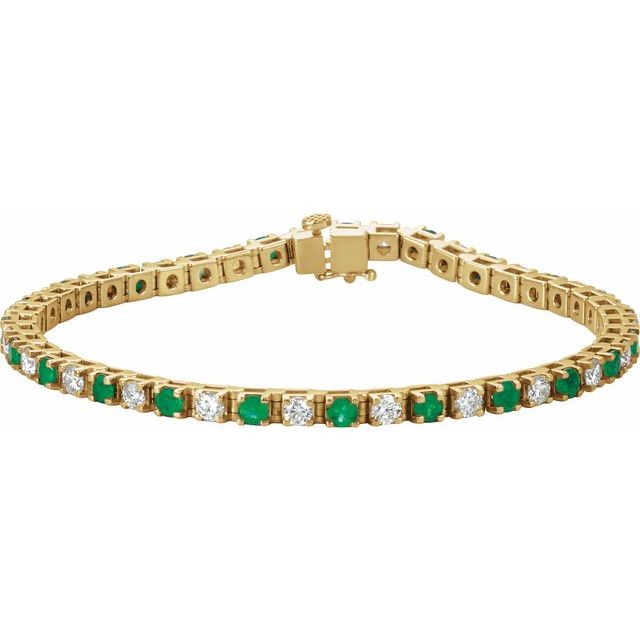 Round Natural Emerald & Natural Diamond Line Bracelet In Gold & Platinum