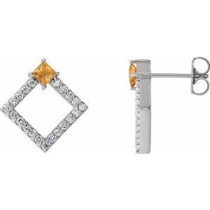 Citrine & Diamond Square Geometric Stud Earrings in Gold and Platinum