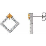 Citrine & Diamond Square Geometric Stud Earrings in Gold and Platinum
