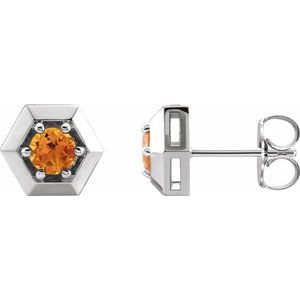 Citrine Round Geometric Stud Earrings in Gold and Platinum