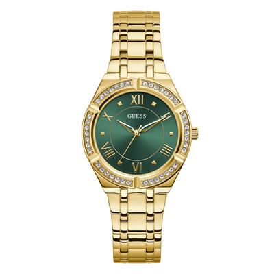 Guess Cosmo Damenuhr, goldfarben, grünes Zifferblatt