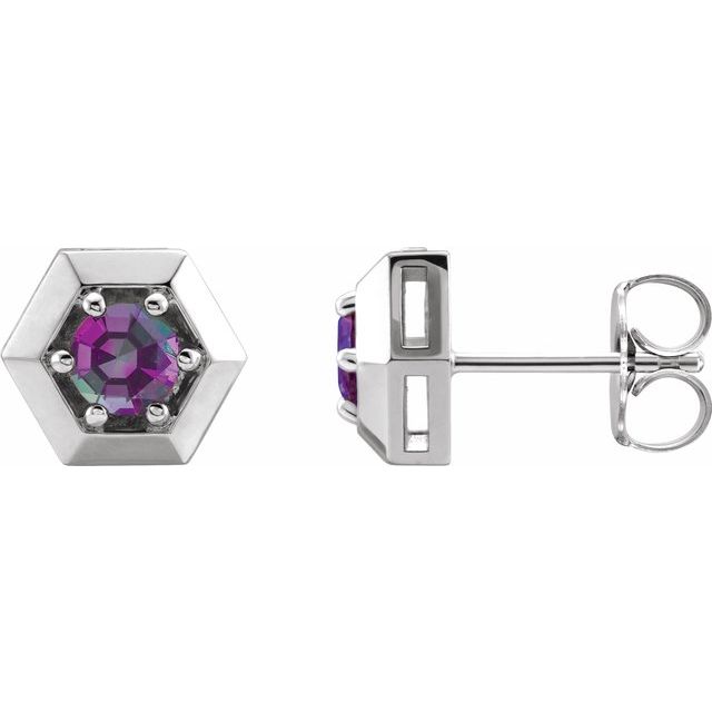 Alexandrite Round Geometric Stud Earrings in Gold and Platinum
