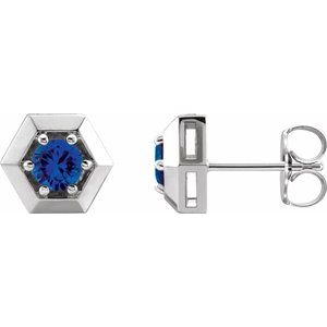 Blue Sapphire Round Geometric Stud Earrings in Gold and Platinum