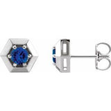 Blue Sapphire Round Geometric Stud Earrings in Gold and Platinum