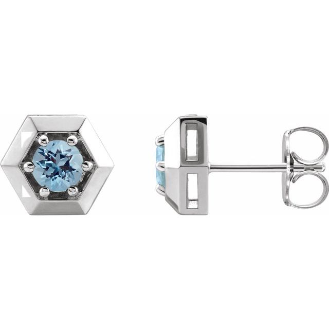 Aquamarine Round Geometric Stud Earrings in Gold and Platinum