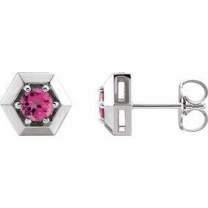 Pink Tourmaline Round Geometric Stud Earrings in Gold and Platinum
