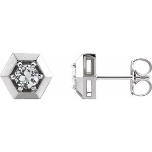 White Sapphire Round Geometric Stud Earrings in Gold and Platinum