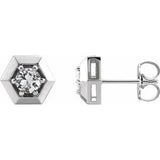 White Sapphire Round Geometric Stud Earrings in Gold and Platinum