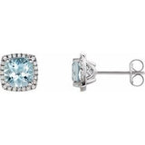 Aquamarine & Diamond Cushion Halo Stud Earrings in Gold and Platinum