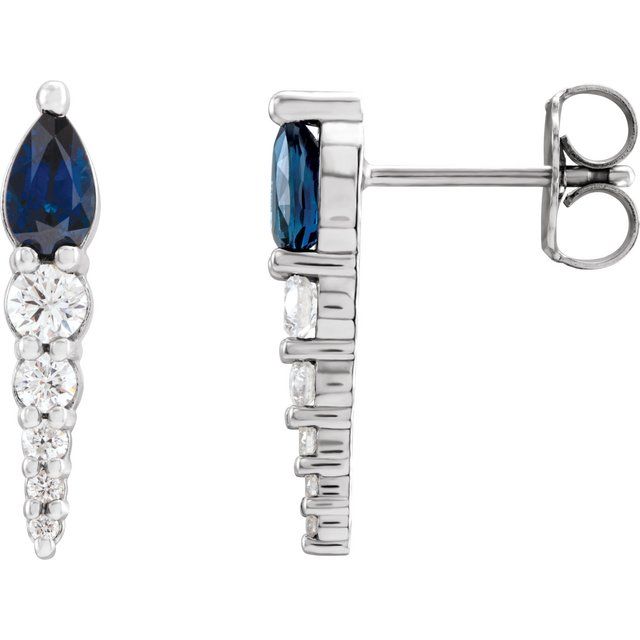 Blue Sapphire & Diamond Pear Bar Earrings in Gold and Platinum