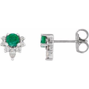Emerald & Diamond Round Stud Earrings in Gold and Platinum