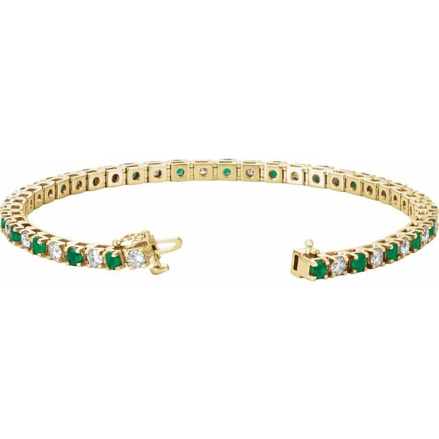 Round Natural Emerald & Natural Diamond Line Bracelet In Gold & Platinum