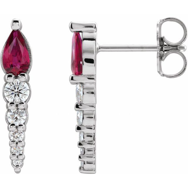 Ruby & Diamond Pear Bar Earrings in Gold and Platinum