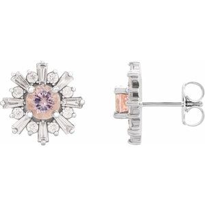 Pink Morganite & Diamond Round Halo Stud Earrings in Gold and Platinum