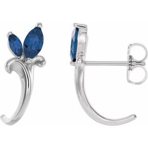 Blue Sapphire Marquise Floral J-Hoop Earrings in Gold and Platinum