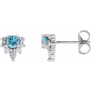 Blue Zircon & Diamond Round Stud Earrings in Gold and Platinum