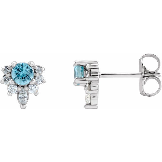 Blue Zircon & Diamond Round Stud Earrings in Gold and Platinum