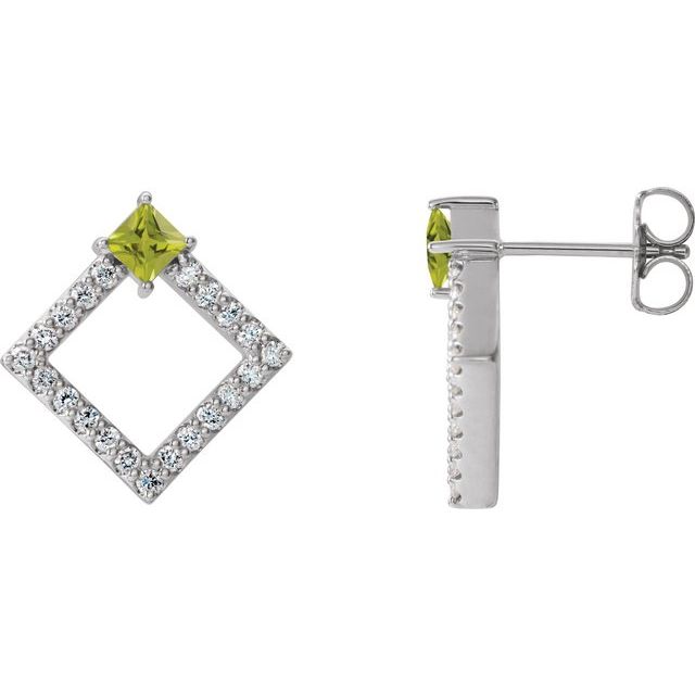 Peridot & Diamond Square Geometric Stud Earrings in Gold and Platinum