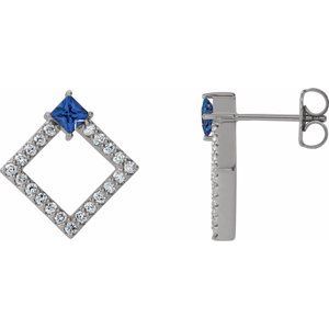 Blue Sapphire & Diamond Square Geometric Stud Earrings in Gold and Platinum