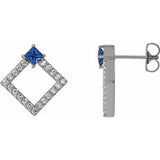 Blue Sapphire & Diamond Square Geometric Stud Earrings in Gold and Platinum