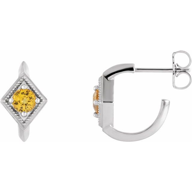 Yellow Sapphire Round Geometric Hoop Earrings in Gold and Platinum