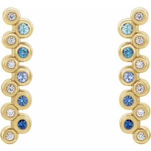 Blue Multi-Gemstone & Diamond Round Bezel-Set Bar Earrings in Gold and Platinum