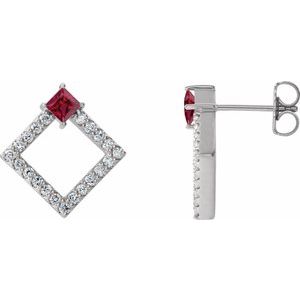Ruby & Diamond Square Geometric Stud Earrings in Gold and Platinum