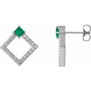 Emerald & Diamond Square Geometric Stud Earrings in Gold and Platinum
