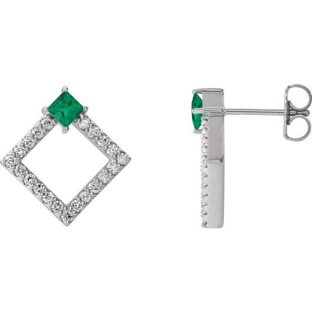Emerald & Diamond Square Geometric Stud Earrings in Gold and Platinum