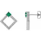 Emerald & Diamond Square Geometric Stud Earrings in Gold and Platinum