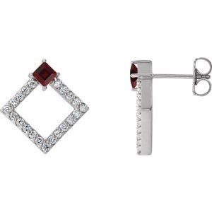 Mozambique Garnet & Diamond Square Geometric Stud Earrings in Gold and Platinum