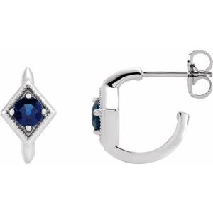 Blue Sapphire Round Geometric Hoop Earrings in Gold and Platinum