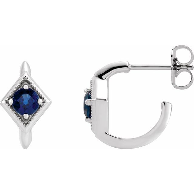 Blue Sapphire Round Geometric Hoop Earrings in Gold and Platinum