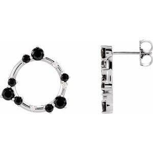 Black Onyx & Diamond Round Stud Earrings in Gold and Platinum