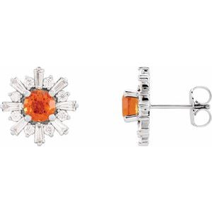 Mexican Fire Opal & Diamond Round Halo Stud Earrings in Gold and Platinum