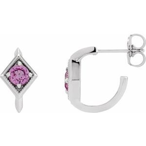Pink Sapphire Round Geometric Hoop Earrings in Gold and Platinum