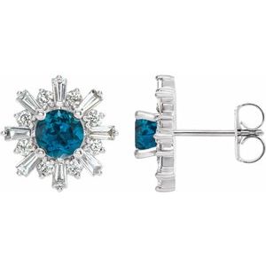 London Blue Topaz & Diamond Round Halo Stud Earrings in Gold and Platinum