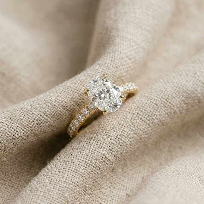Oval 2.00ct Hidden Halo Lab Diamond Engagement Ring With Side Stones in 18K Gold
