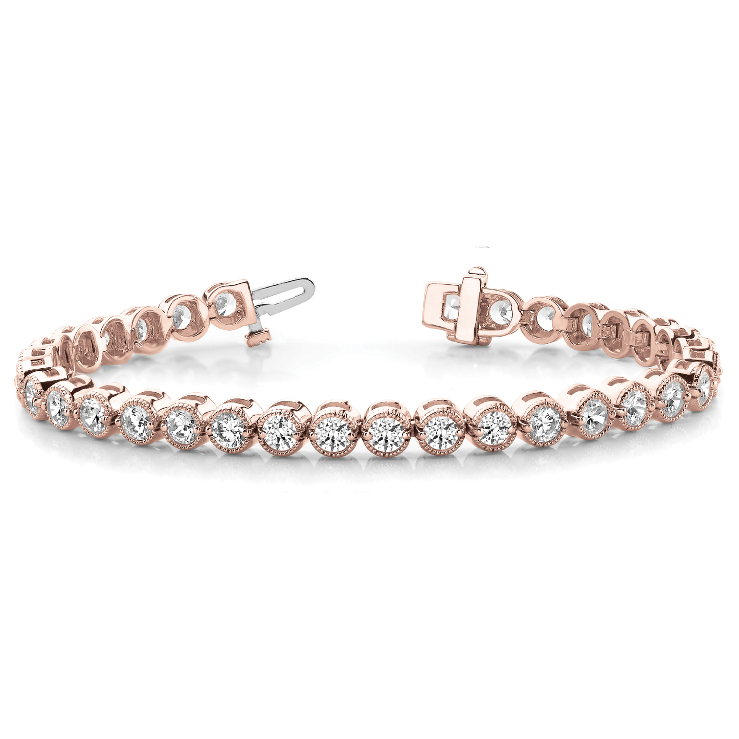 Round Cut Diamond Tennis Bracelet for Women in Gold and Platinum, Milgrain Prong Set Bracelet
