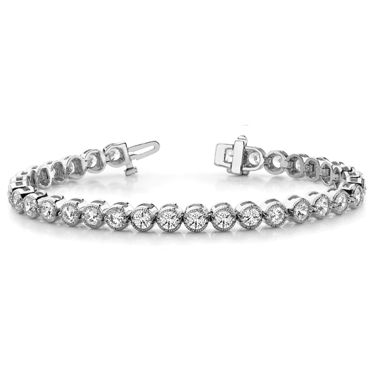 Round Cut Diamond Tennis Bracelet for Women in Gold and Platinum, Milgrain Prong Set Bracelet