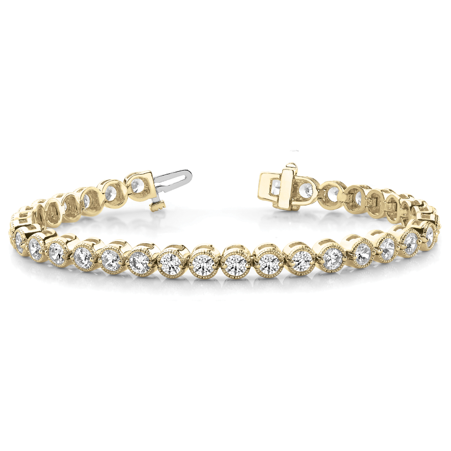 Round Cut Diamond Tennis Bracelet for Women in Gold and Platinum, Milgrain Prong Set Bracelet