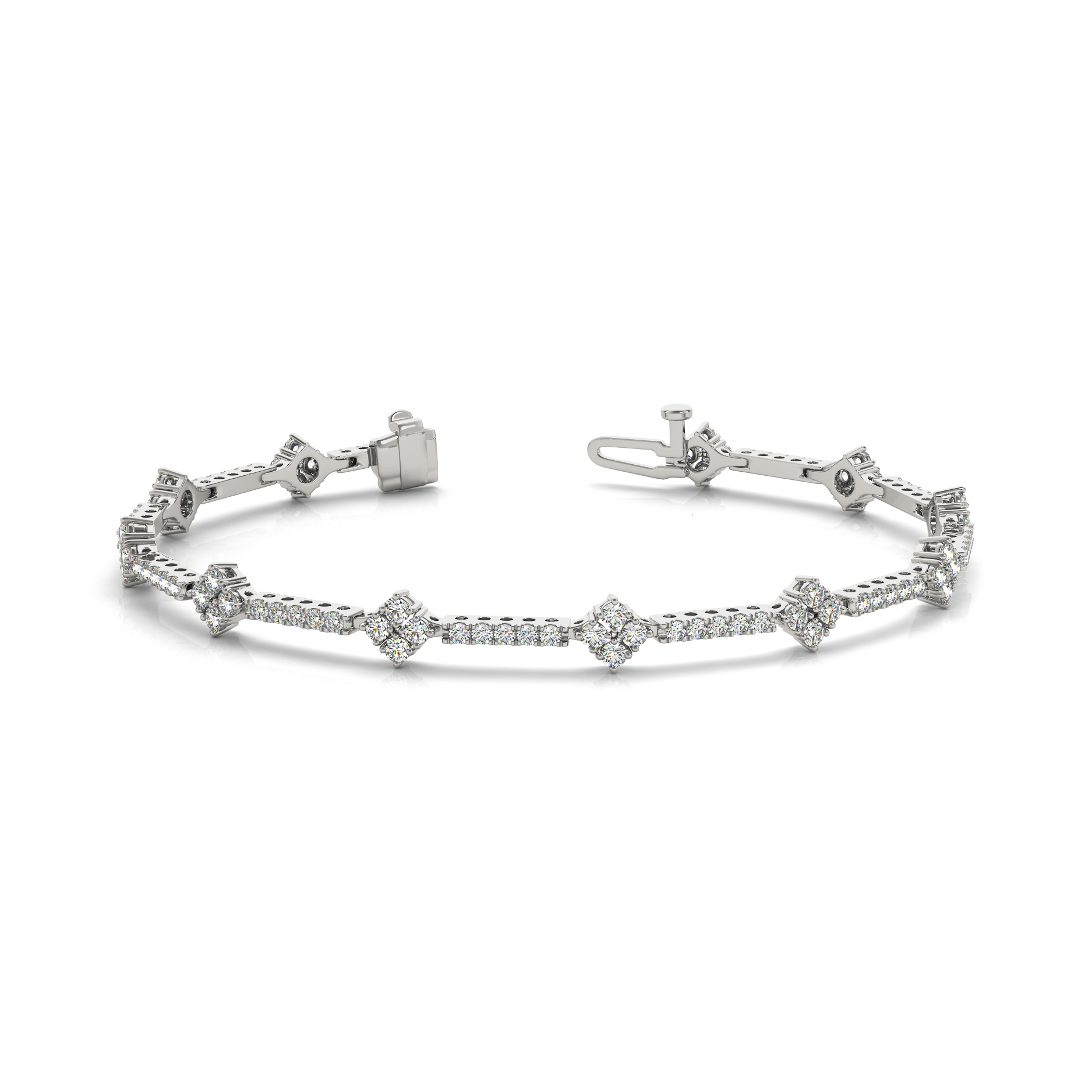 Geometric Link Diamond Tennis Bracelet with Round Cut Diamonds in Gold or Platinum
