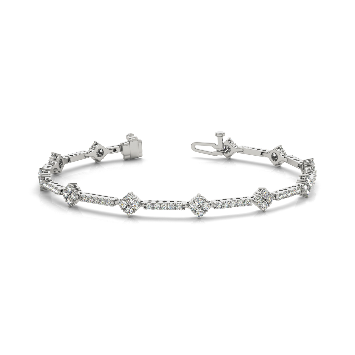 Geometric Link Diamond Tennis Bracelet with Round Cut Diamonds in Gold or Platinum