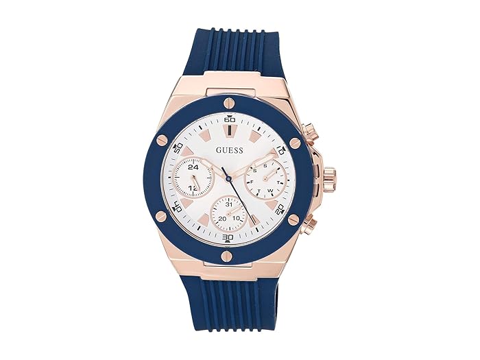GUESS Women's Watch – 39mm Blue and Rose Gold-Tone Bezel, Blue Silicone Strap
