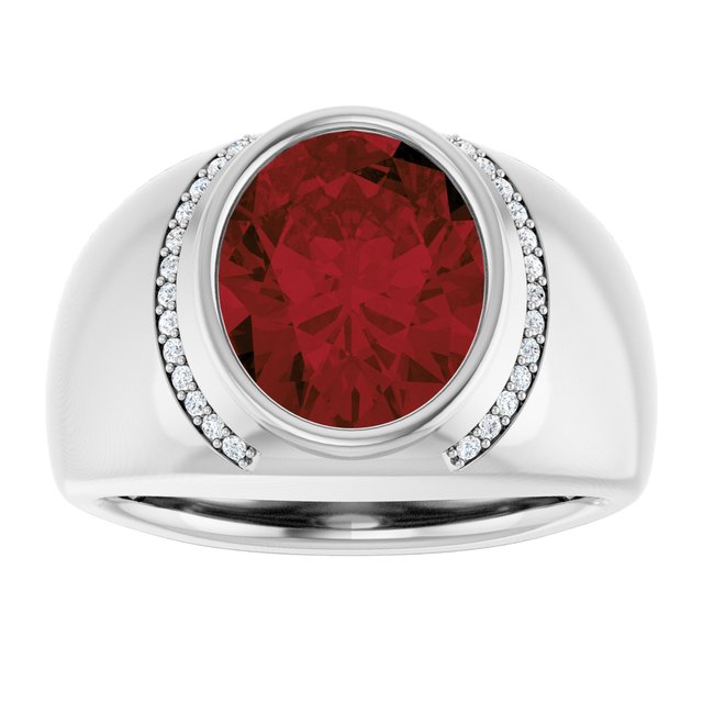 Oval Mozambique Garnet Mens Ring with Diamond Accents in Gold