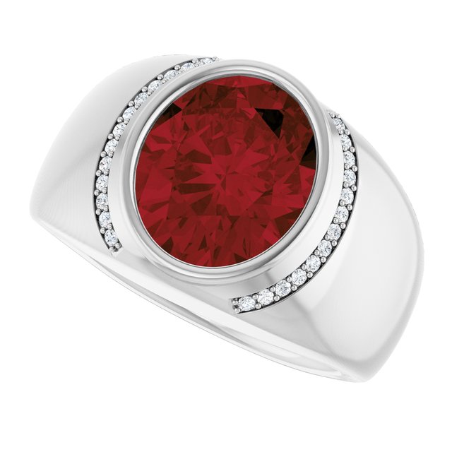 Oval Mozambique Garnet Mens Ring with Diamond Accents in Gold