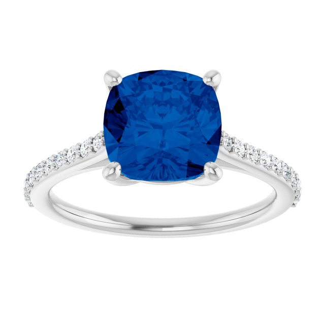 Cushion Lab-Grown Blue Sapphire & Diamond Ring in White Gold