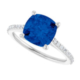 Cushion Lab-Grown Blue Sapphire & Diamond Ring in White Gold