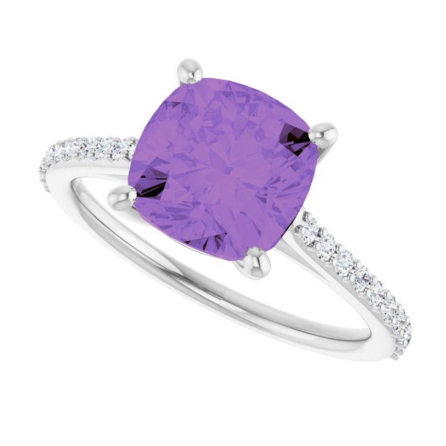 Cushion Amethyst Accented Ring with Diamond Accents in Gold